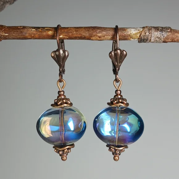 HAND CRAFTED EARRINGS Blue Aurora Borealis Glass Copper Dangle Drop - Picture 2 of 7